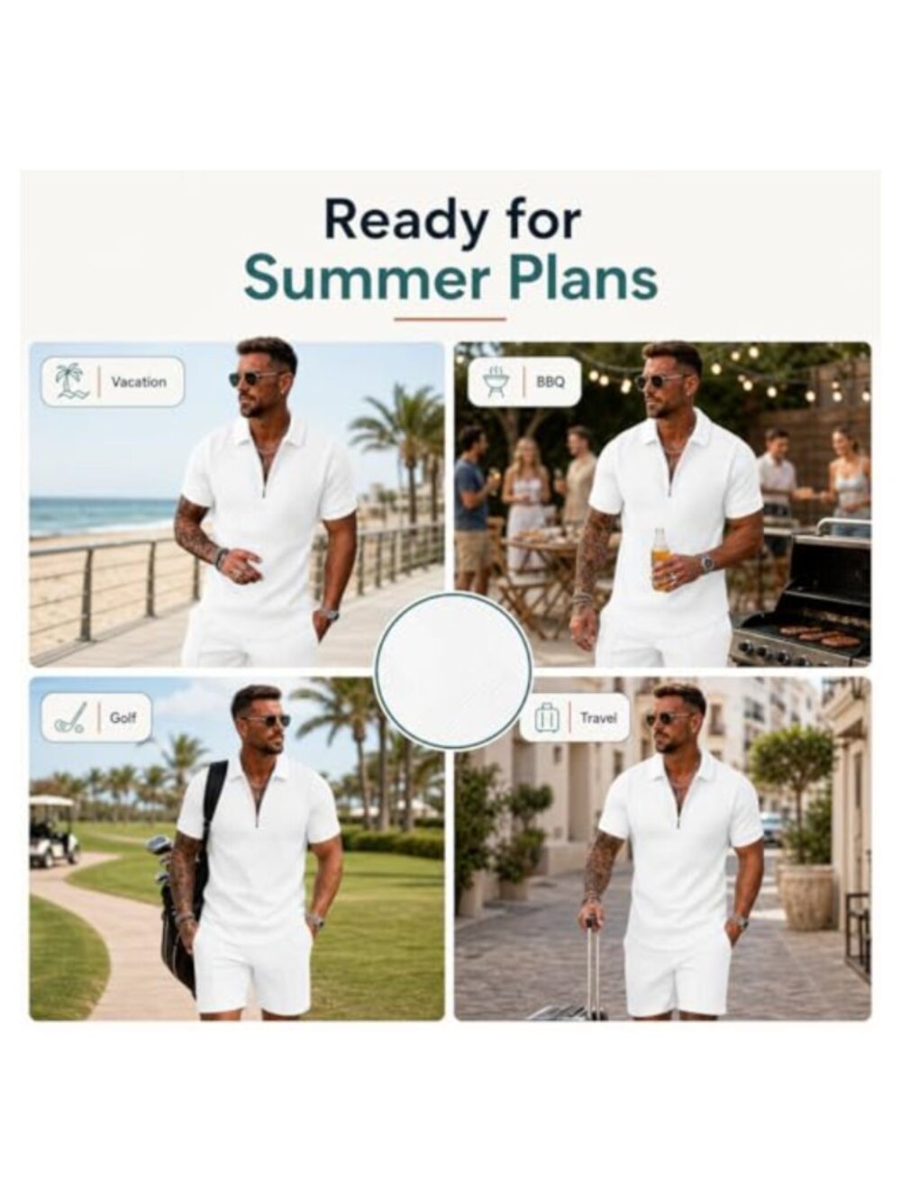 Men's 2-Piece Quarter-Zip Polo and Shorts Set, Polyester Summer Outfit - Picture 2 of 6